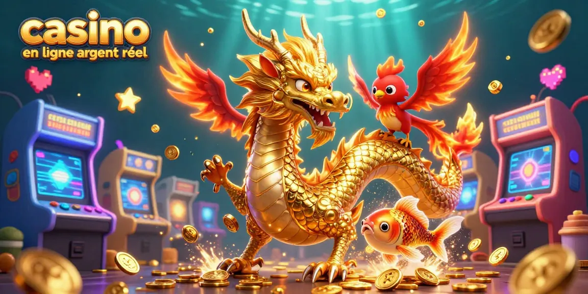 Jouez au casino en ligne argent réel avec une illustration 3D captivante de dragon et phoenix.