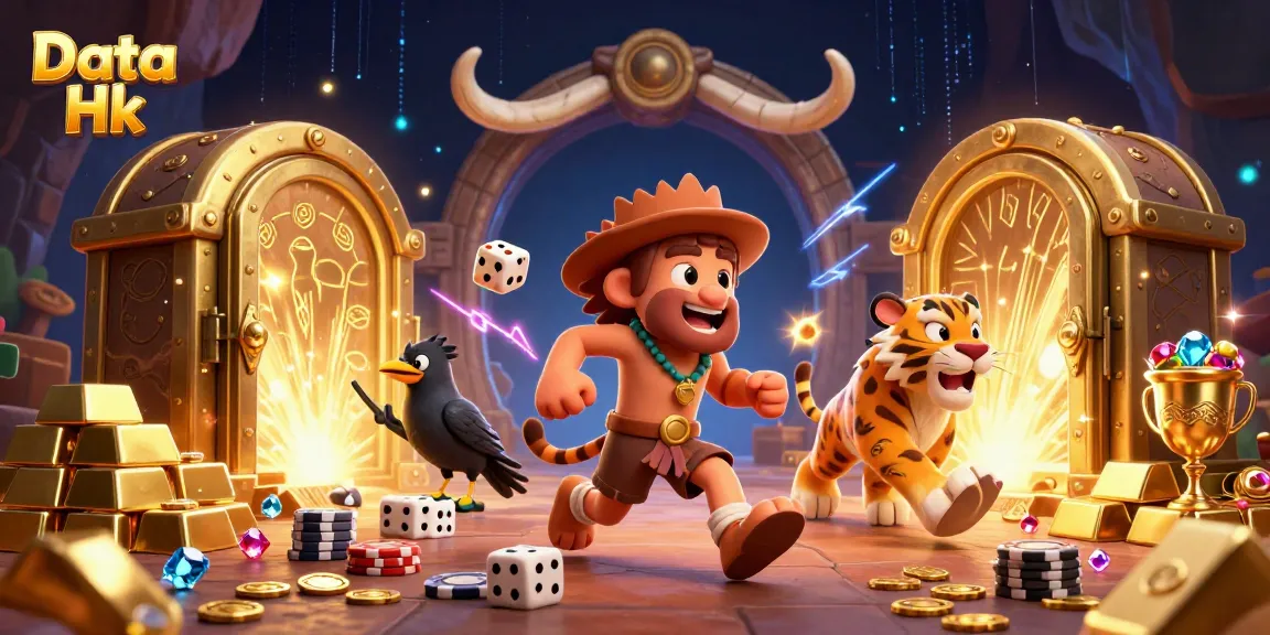 Place bets with Data Hk in a vibrant prehistoric casino scene filled with gold and treasures.