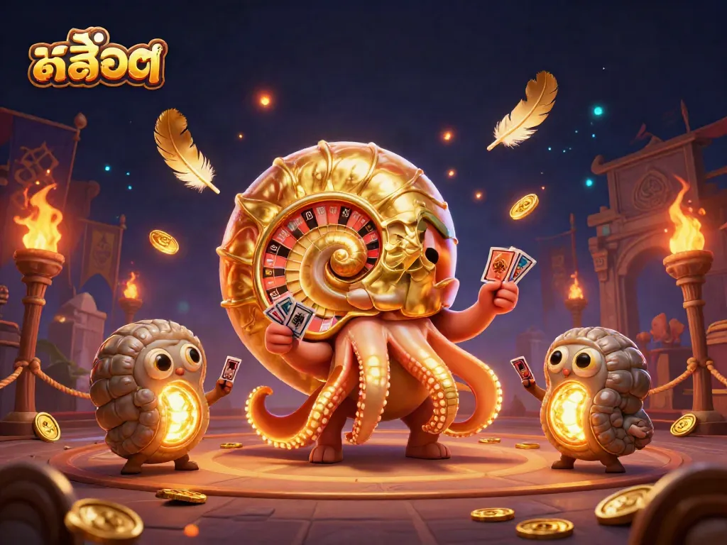 สัมผัสประสบการณ์สล็อตในภาพ 3D ที่มีนอติลุสโบราณที่ถือไพ่หลายใบและมีแสงทองภายใน
