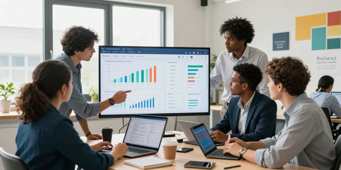 Visit website analytics with a team in a modern office analyzing data trends.