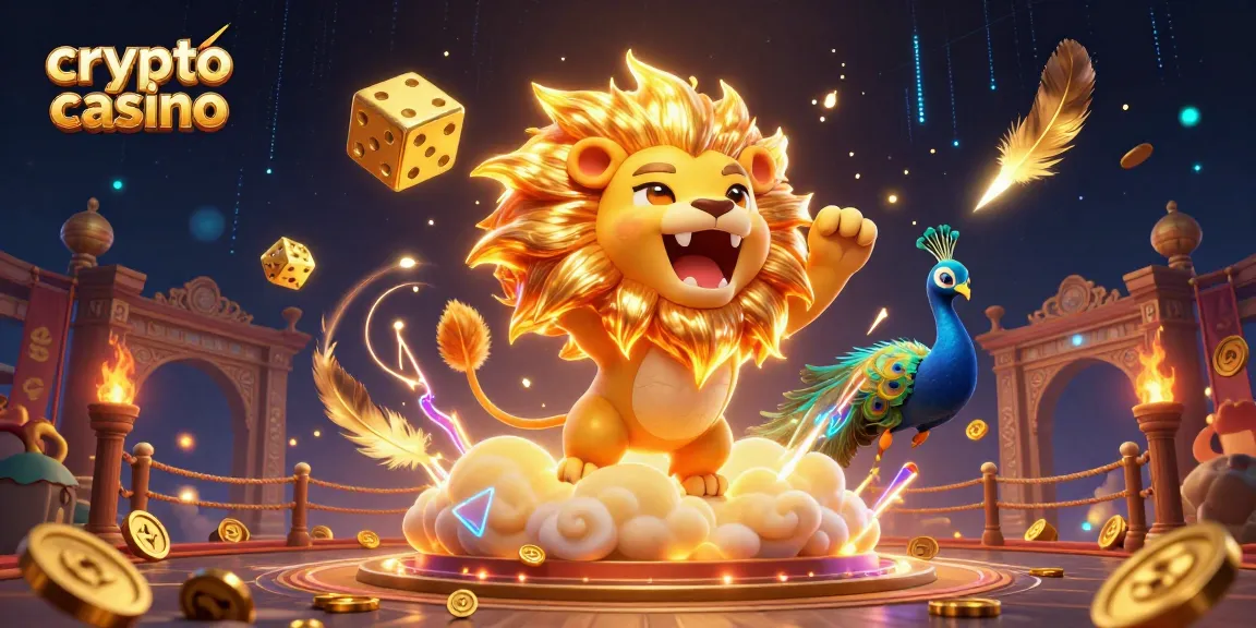 Jouez dans un crypto casino avec des pièces en or et un lion majestueux entouré de dés et de feux d'artifice.