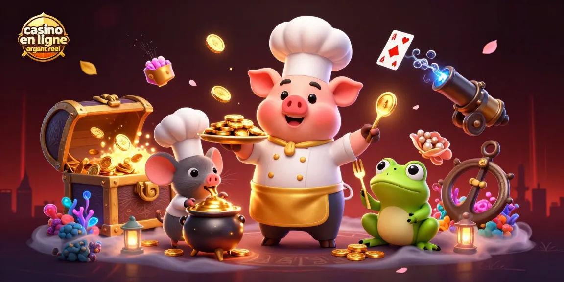 Jouez dans un casino en ligne argent réel avec cette illustration riche de personnages animés et trésors dorés.