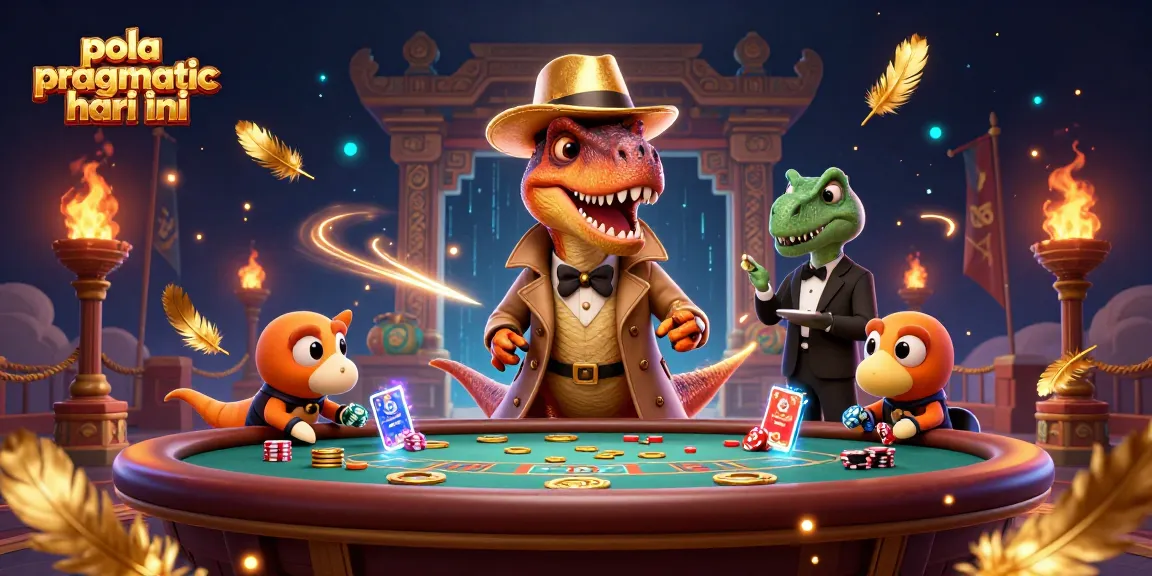 Experience pola pragmatic hari ini with a velociraptor card counter and dinosaur pit boss in a casino scene.