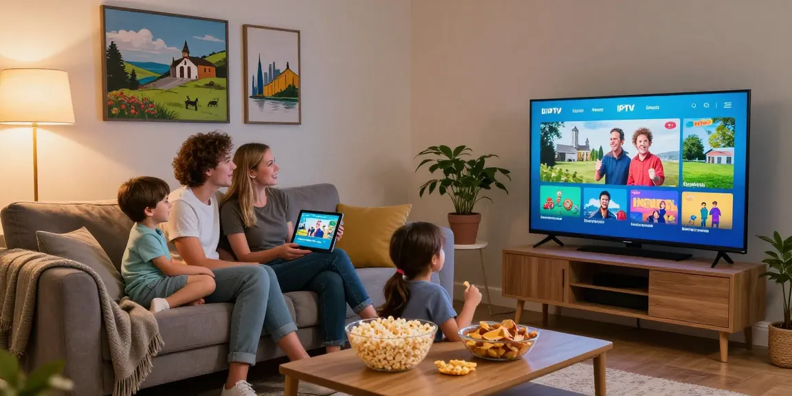 Family enjoying IPTV Ireland service in a cozy living room with a smart TV and tablet