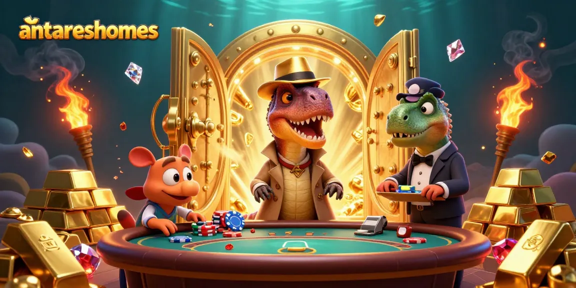 Catch exciting action at antareshomes with a velociraptor card counter and stegosaurus pit boss in a vibrant casino scene.