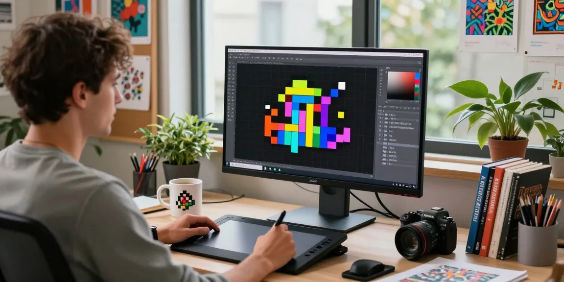 Vibrant workspace featuring a pixel art information display with colorful designs, digital tools, and creative atmosphere.