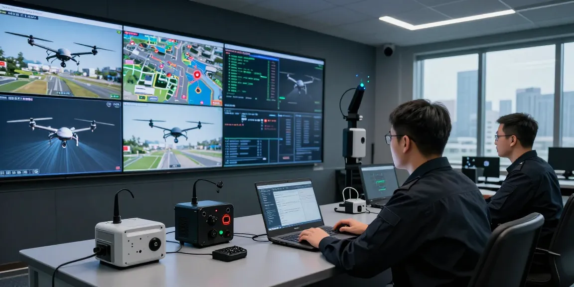 Anti drone jammer technology in action at a high-tech security operations center, showcasing advanced monitoring and drone disruption systems.