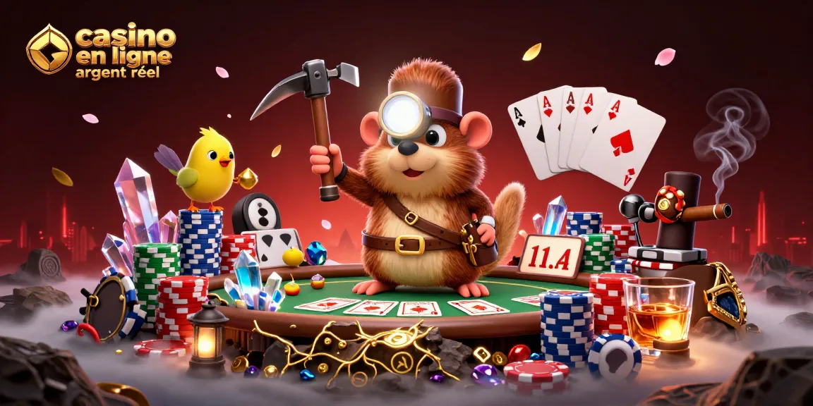 Illustration dynamique représentant un mole chercheur de trésor dans une scène de casino en ligne argent réel.