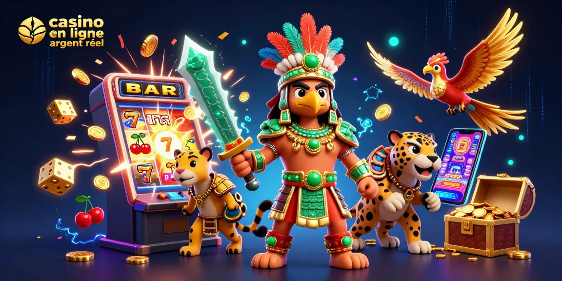 Visualisez une scène dynamique de casino en ligne argent réel avec un guerrier Azteque et des machines à sous.