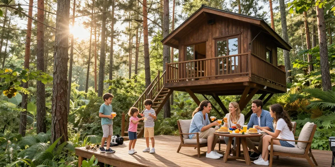 Family enjoying breakfast in treehouses set in lush forest environment.