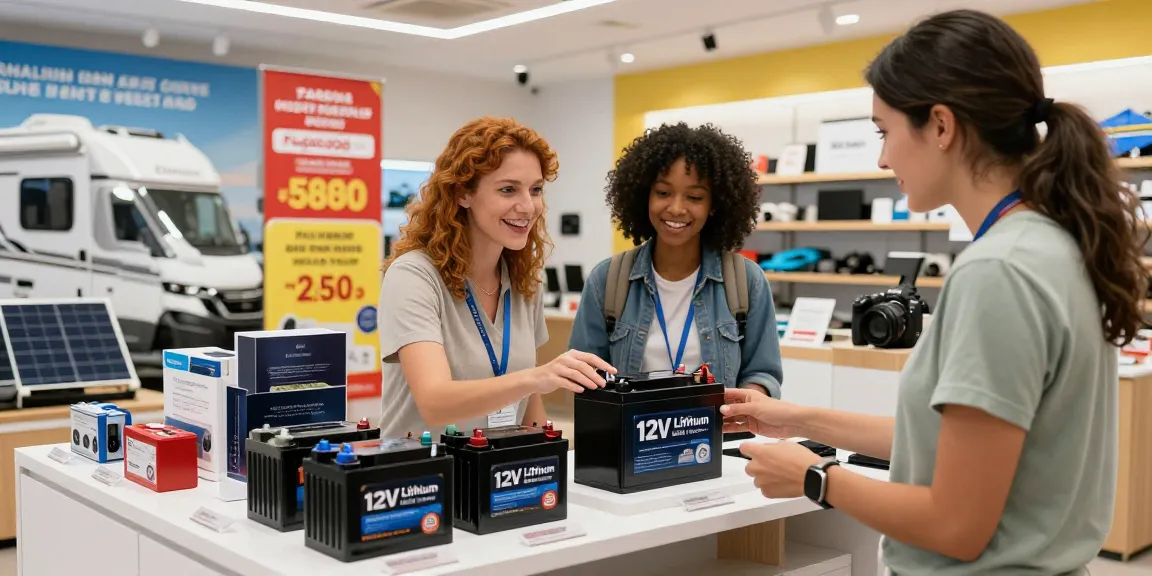 Customer exploring 12V Lithium Battery options in a vibrant retail setting, highlighting energy innovations.
