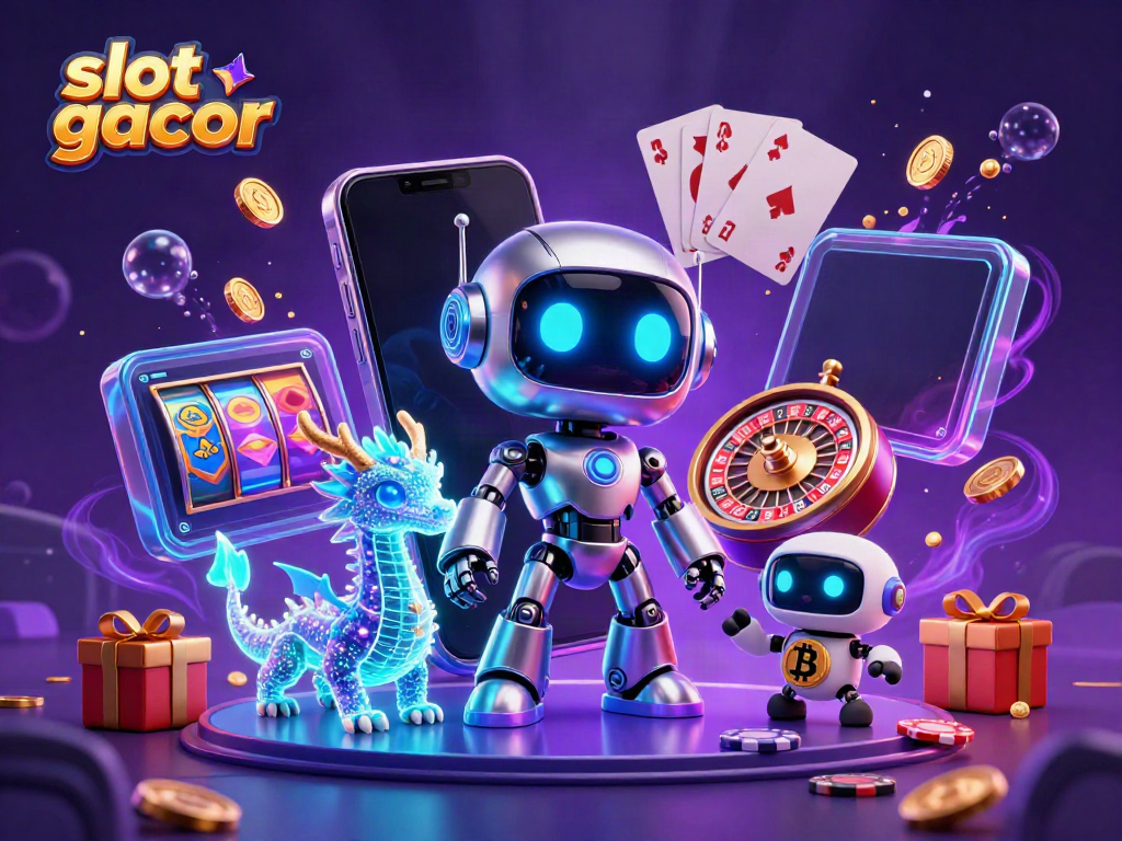 Slot gacor menampilkan ilustrasi 3D dengan robot cyberpunk, naga AI holografis, dan elemen kasino
