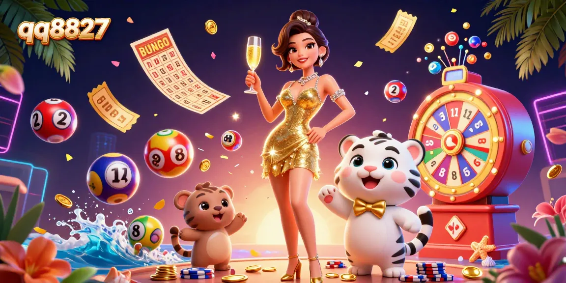 Experience the thrill of qq8827 as stunning visuals showcase a glamorous woman and a lucky tiger in a vibrant casino setting.