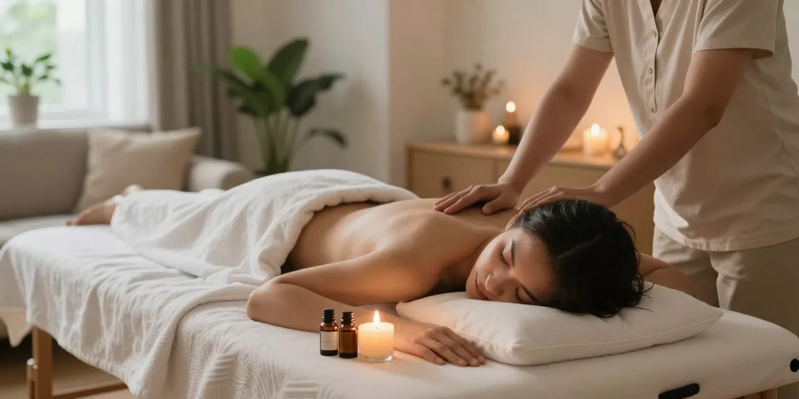 Experience 출장마사지 therapy in a calming home environment with candles and essential oils.