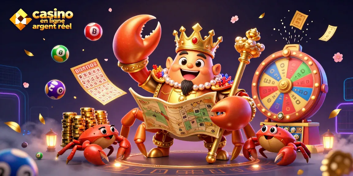 Visuel dynamique représentant le casino en ligne argent réel avec un crabe empereur doré entouré de jeux de loterie colorés.