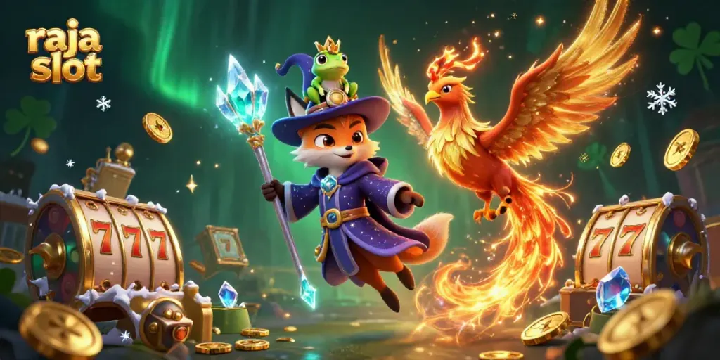 Raja slot menampilkan penyihir, phoenix, dan katak bermahkota dengan elemen slot.