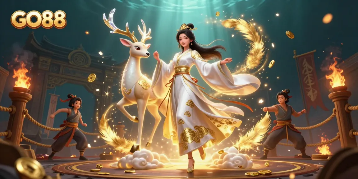 Experience the excitement of GO88 with vibrant visuals showcasing a dynamic gambling scene filled with gold coins and a celestial theme.