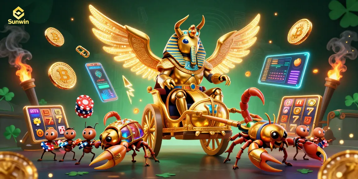 Sunwin showcases vibrant gaming action with a pharaoh beetle, scorpions, and glowing cryptocurrencies.
