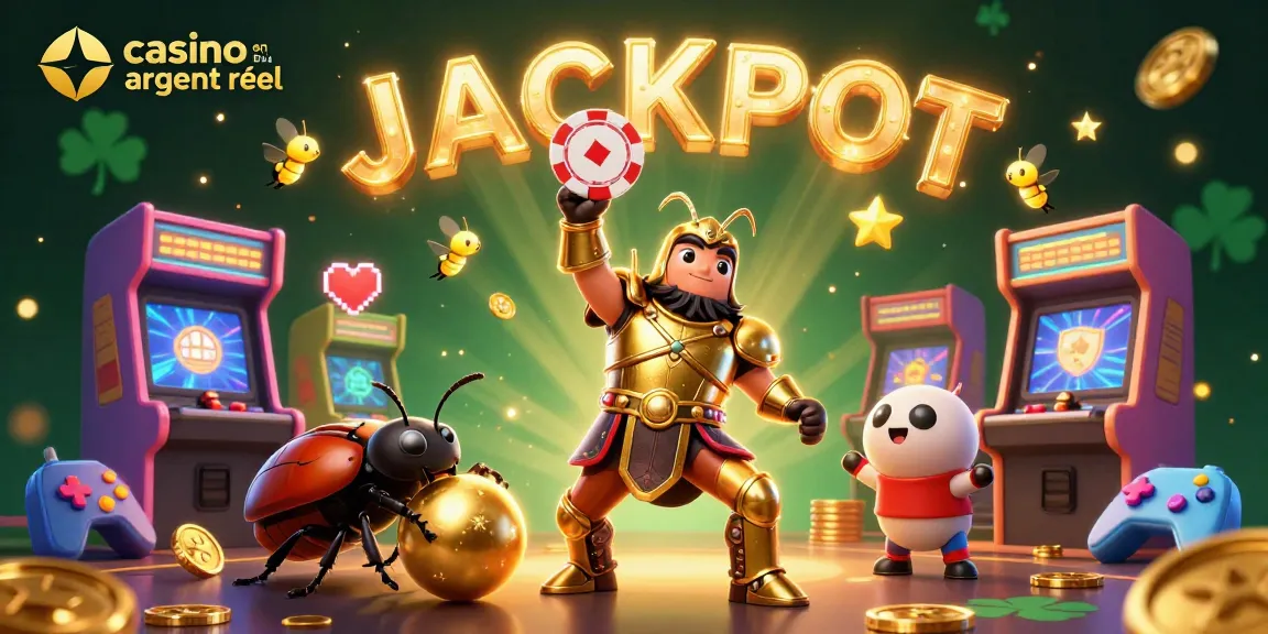 Explorez le casino en ligne argent réel avec une illustration captivante mettant en scène des personnages de jeu, la victoire et la chance.