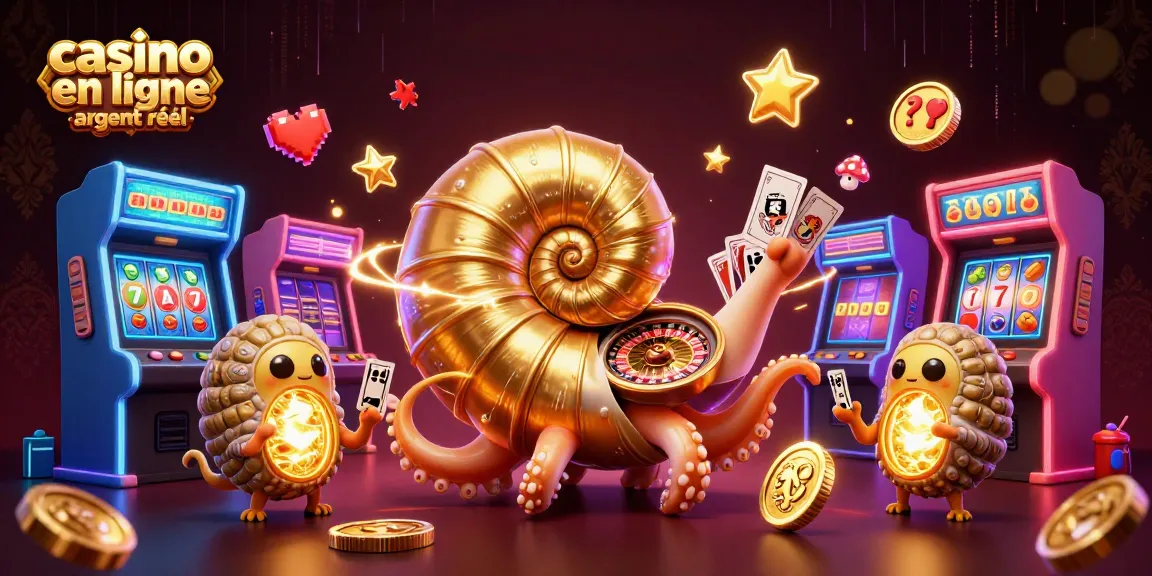 Jouer au casino en ligne argent réel avec un nautilus géant et des machines à sous colorées, ambiance captivante.