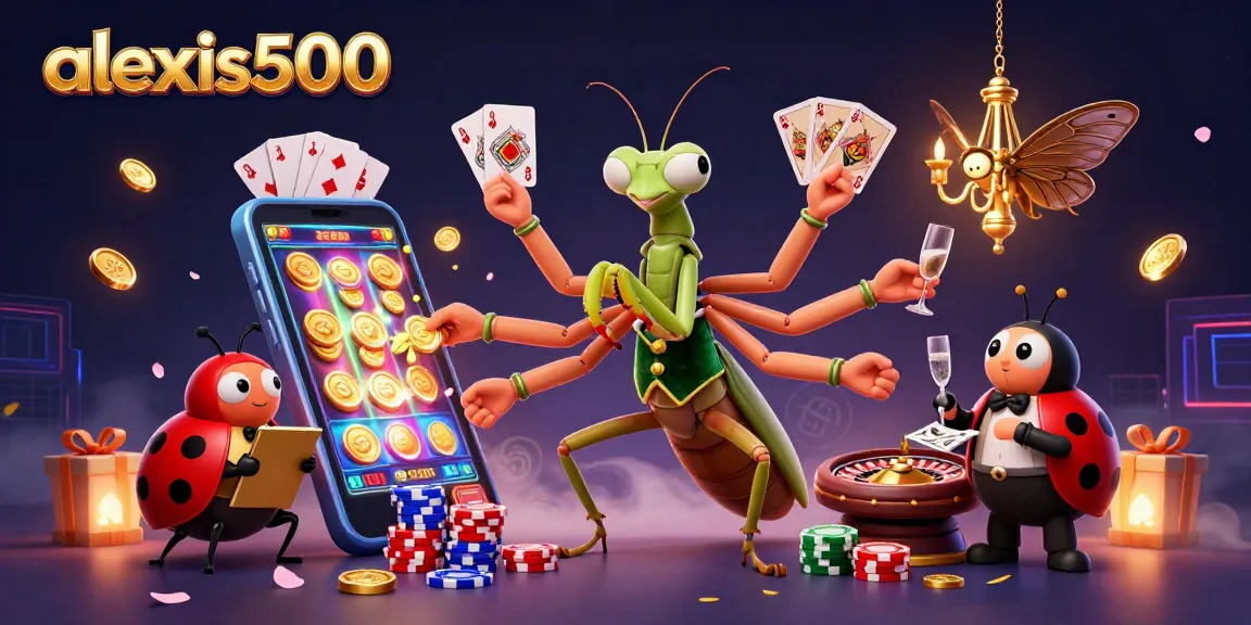 Experience thrilling wins at alexis500 with vibrant slot games, cards, and gold coins in a lively casino setting.