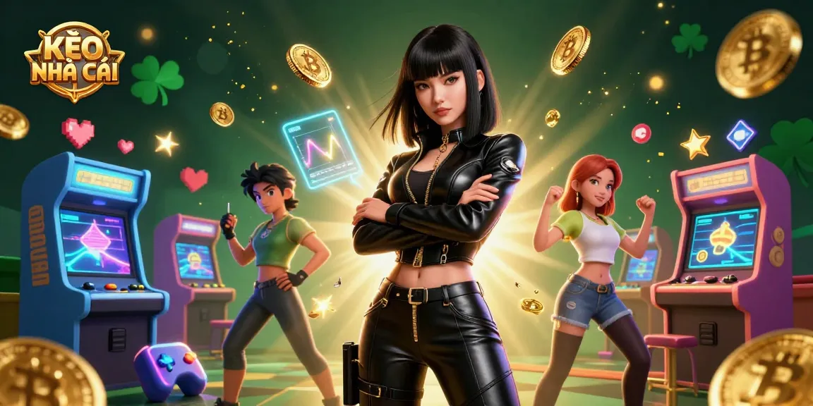 KÈO NHÀ CÁI showcases a powerful Asian woman in a leather outfit amidst Bitcoin and arcade elements.