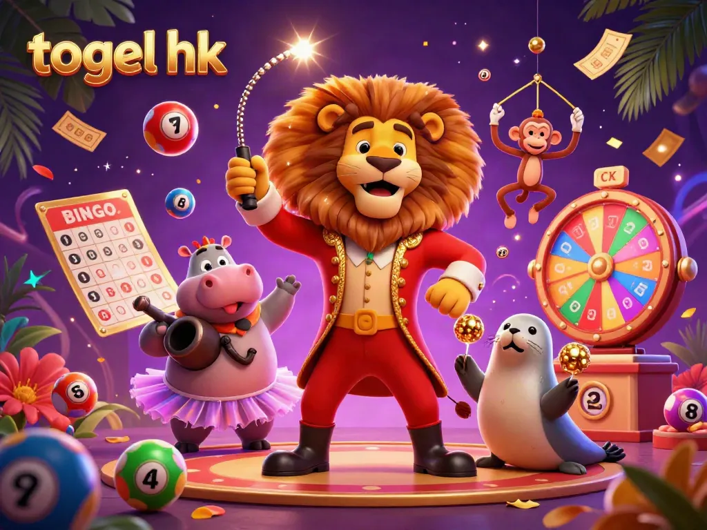 Gambarkan togel hk dengan singa sirkus bergaya kartun, hippo, monyet, dan anjing laut dikelilingi bola lotere berwarna-warni.