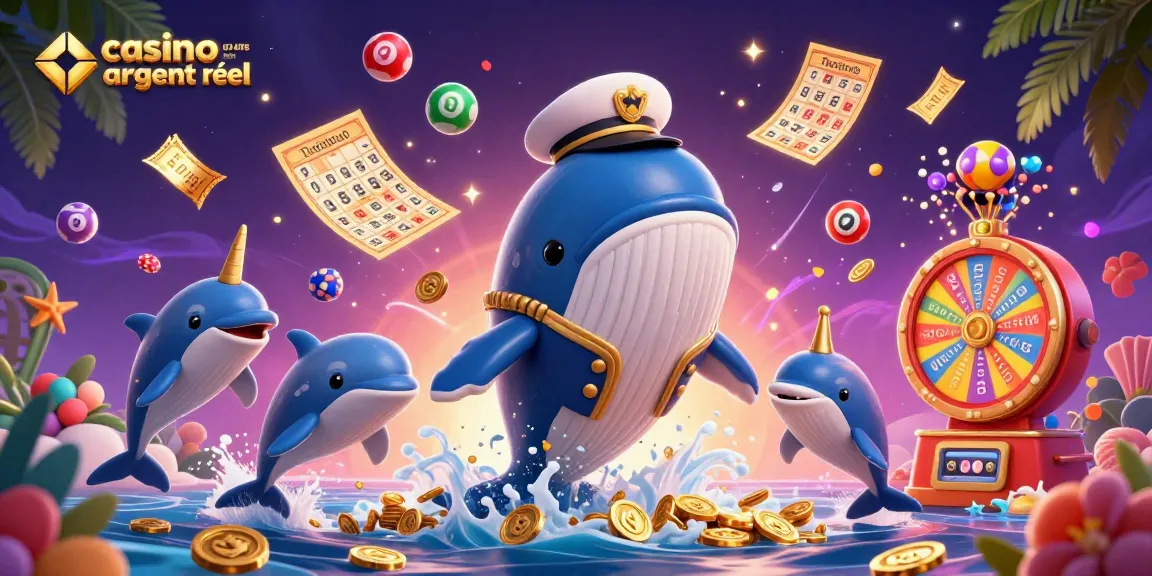 Jouez au casino en ligne argent réel avec une scène joyeuse comprenant une baleine géante, un narval et des dauphins.