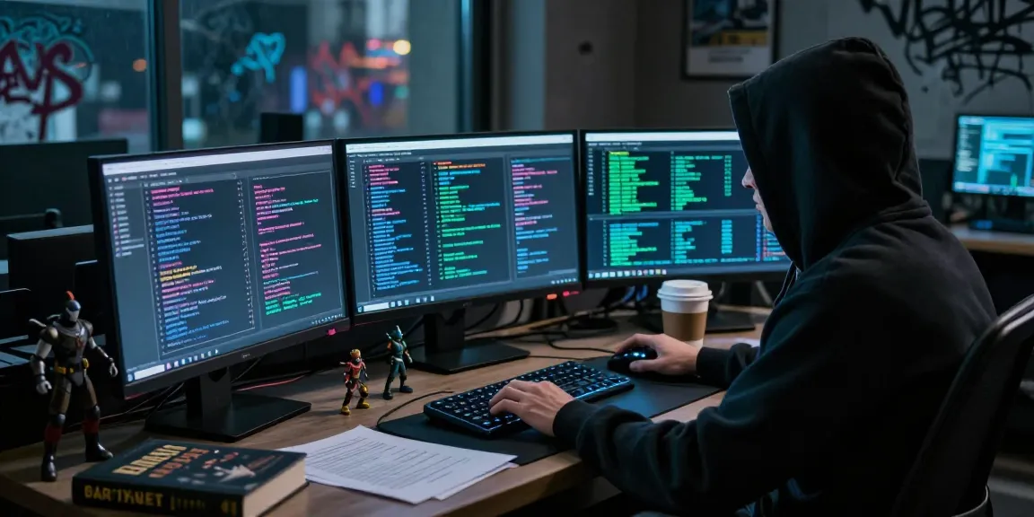 Best Darknet Markets 2026 overview with hacker analyzing listings on multiple screens in a dimly lit room, conveying focus and secrecy.