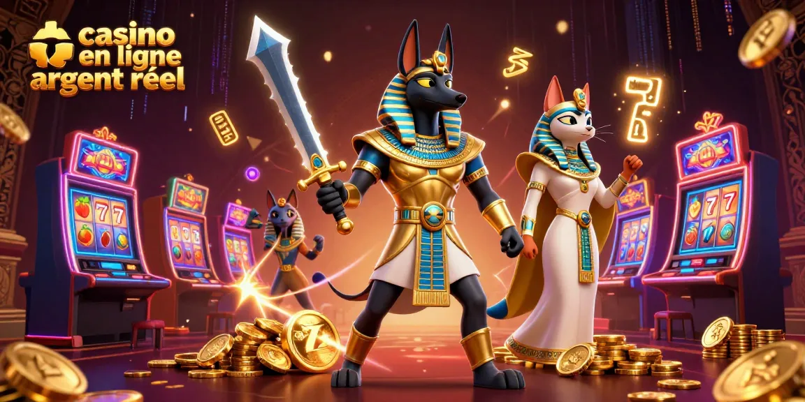 Vivez l'excitation du casino en ligne argent réel avec Anubis et Bastet entourés de machines à sous étincelantes.