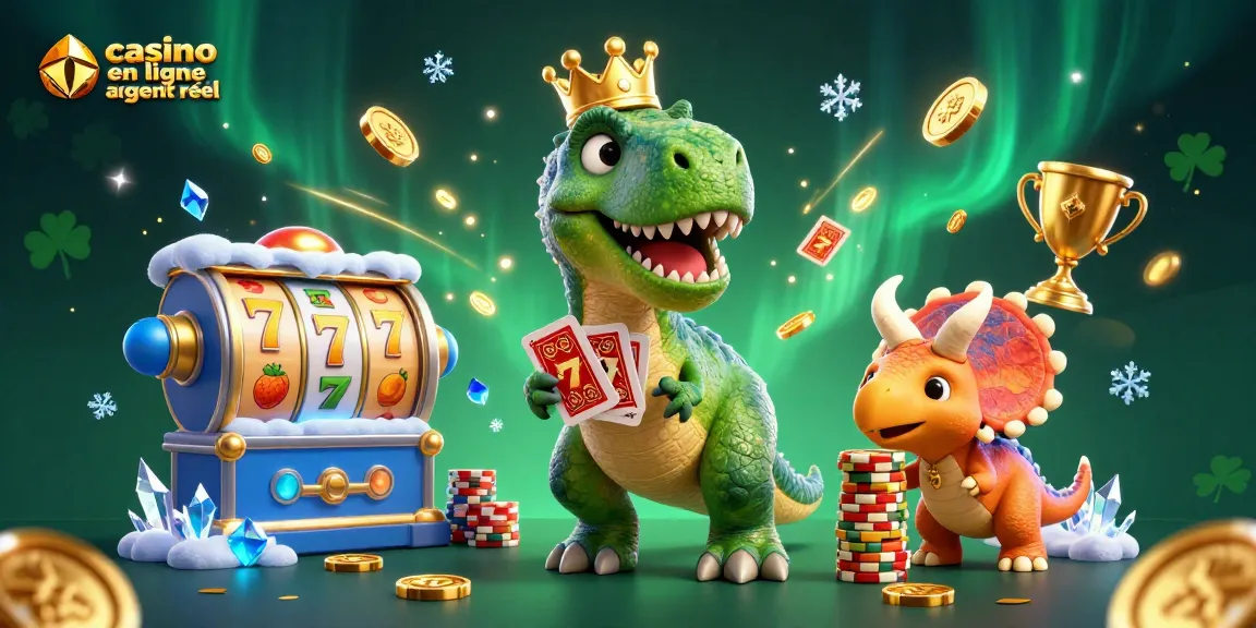 Illustration dynamique de casino en ligne argent réel avec T-Rex, assistants et jetons d'or.