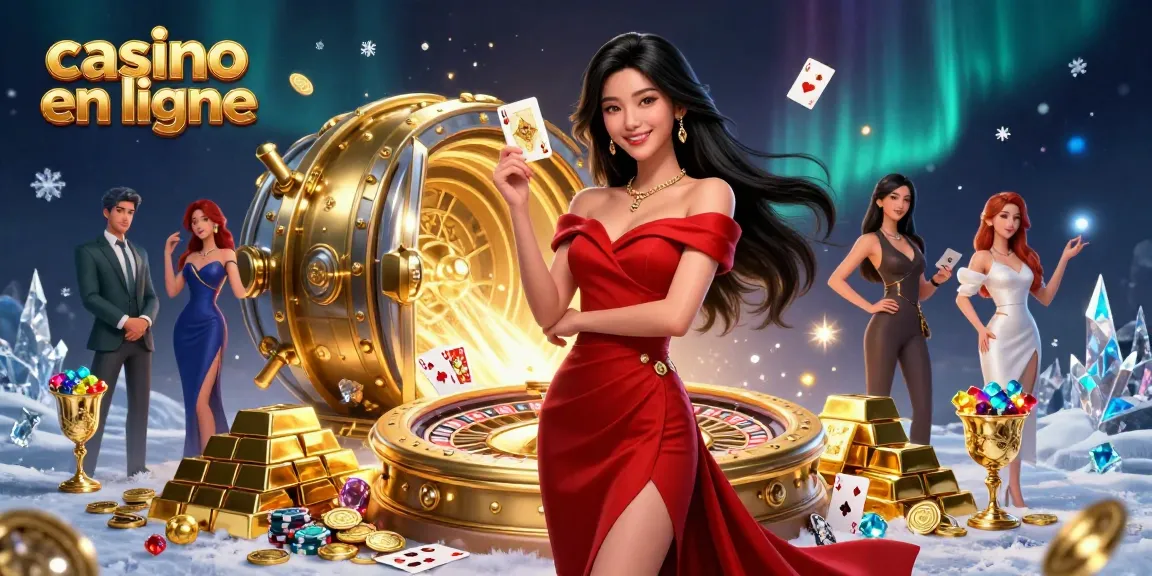 Scène passionnante de casino en ligne avec une belle femme à une roulette, des trésors dorés l'entourant.
