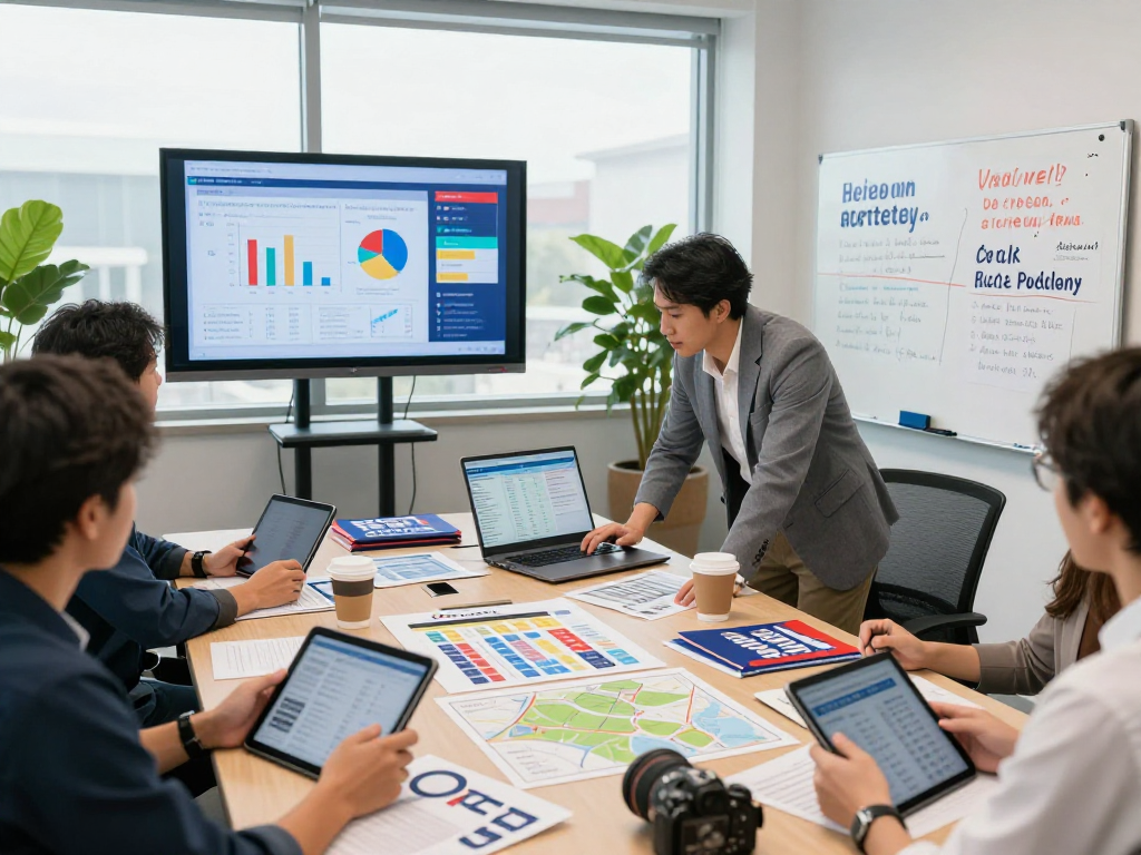Campaign team strategizing household targeting political ads in a modern office.
