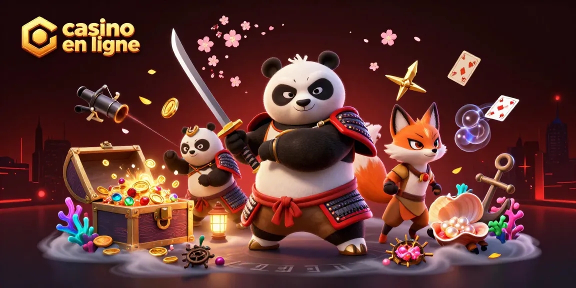 Plongez dans l'univers du casino en ligne avec ce panorama captivant illustrant un panda samouraï et un renard ninja.