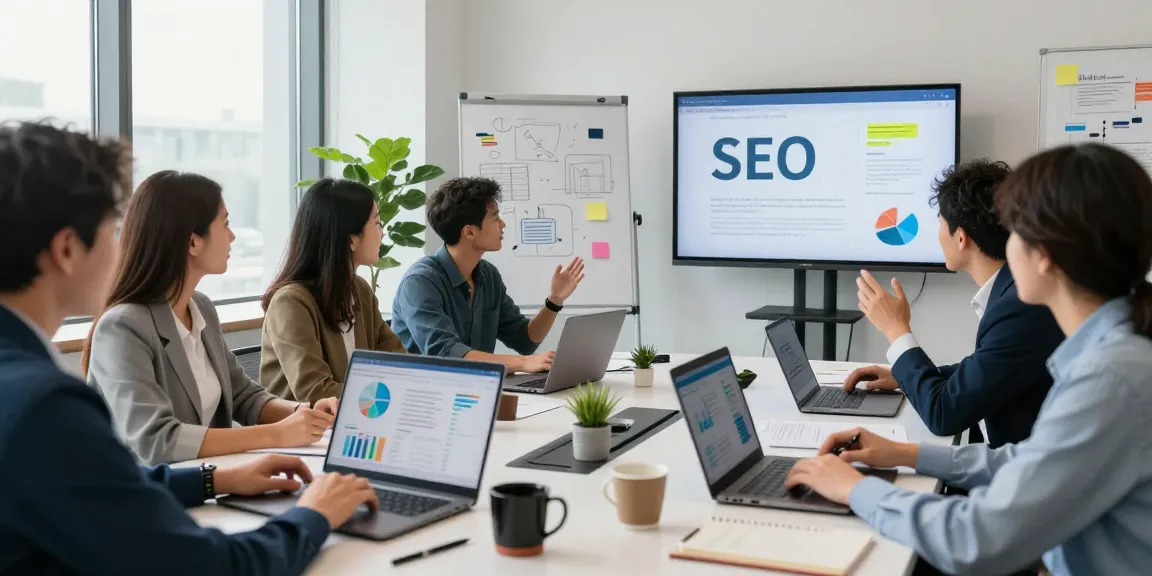 Experts discussing strategies for SEO backlink services in a modern office setting.