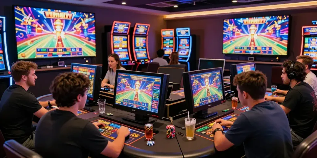 Engaging mposlot gaming scene with diverse players enjoying vibrant slot machines and interactive displays in a lively casino atmosphere.