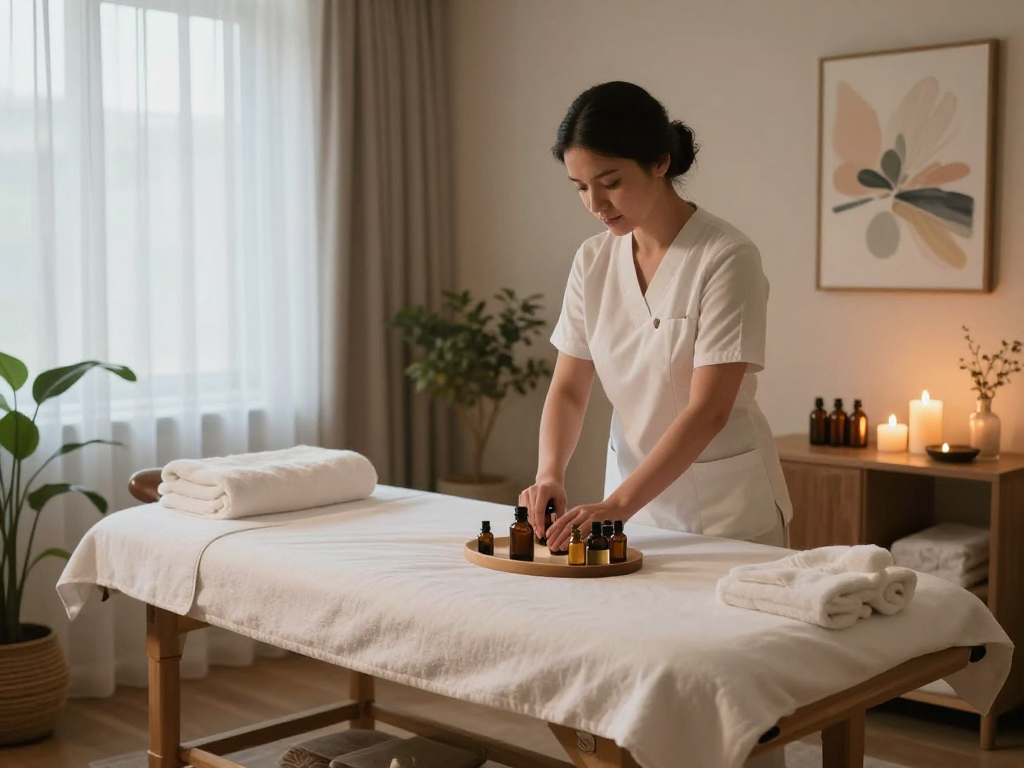 Relaxation therapy room at https://www.balancedmassage.org/ featuring calming decor, oils, and soft lighting.