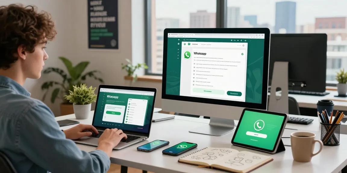 Person using WhatsApp网页版 on desktop, showcasing productivity in a modern office.
