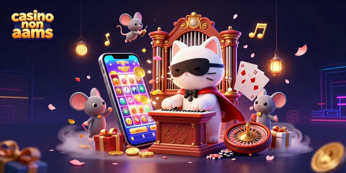 Interagisci con la scena incantevole in un casino non aams, dove un gatto fantasioso suona un organo decorato, circondato da monete che saltano e simboli festivi.