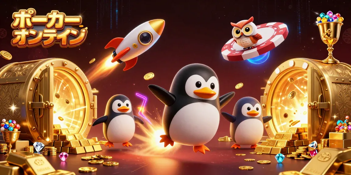 ポーカーオンラインを題材にした豪華なイラストで、黄金ペンギンが宇宙を飛んでいます。