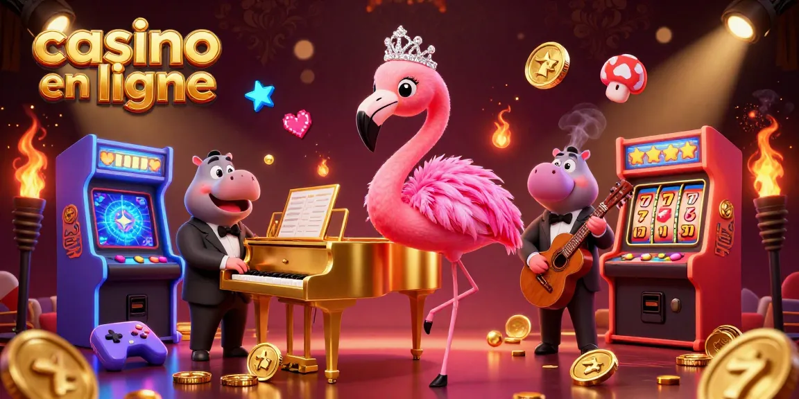 Jouez au casino en ligne avec une chanteuse flamant, un hippo musicien, et des machines à sous animées.
