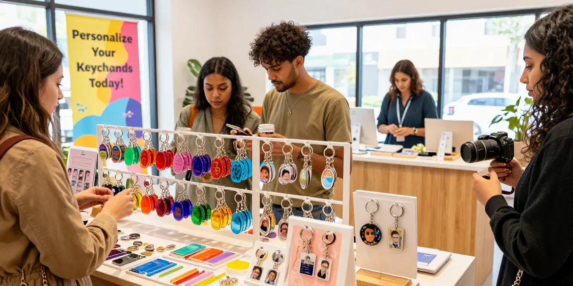Explore personalized keychains with customers admiring vibrant custom designs in a modern retail shop.