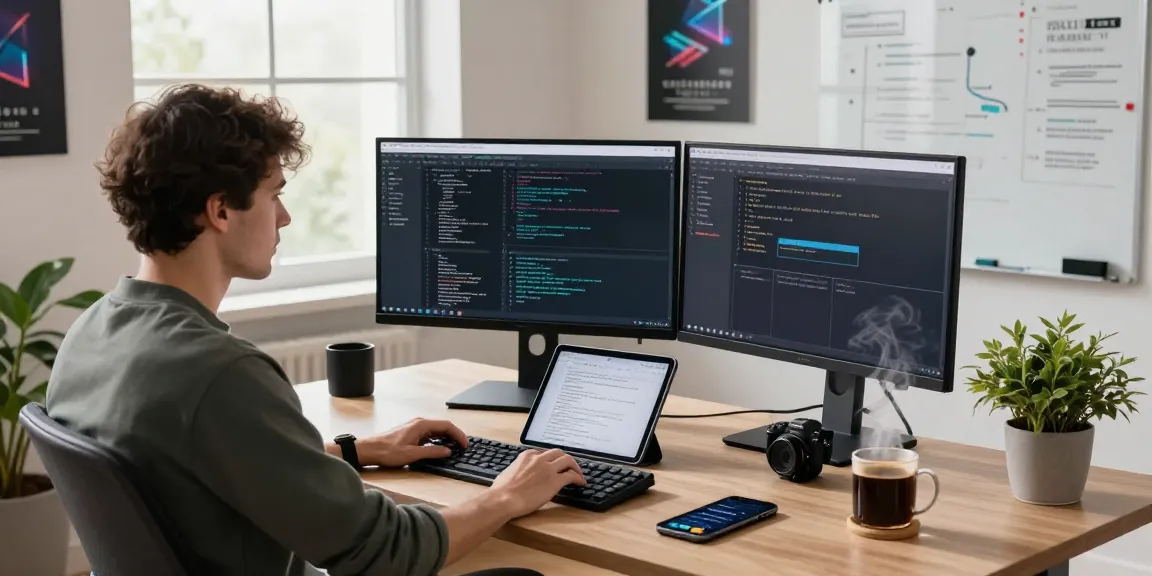 快连 developer workspace with coding screens, coffee, and plants in a modern tech office.