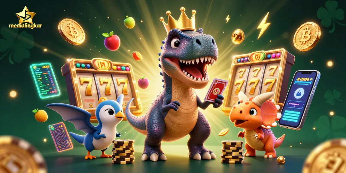 Engage with medialingkar's vibrant casino scene featuring a T-Rex dealing cards and triceratops stacking chips.