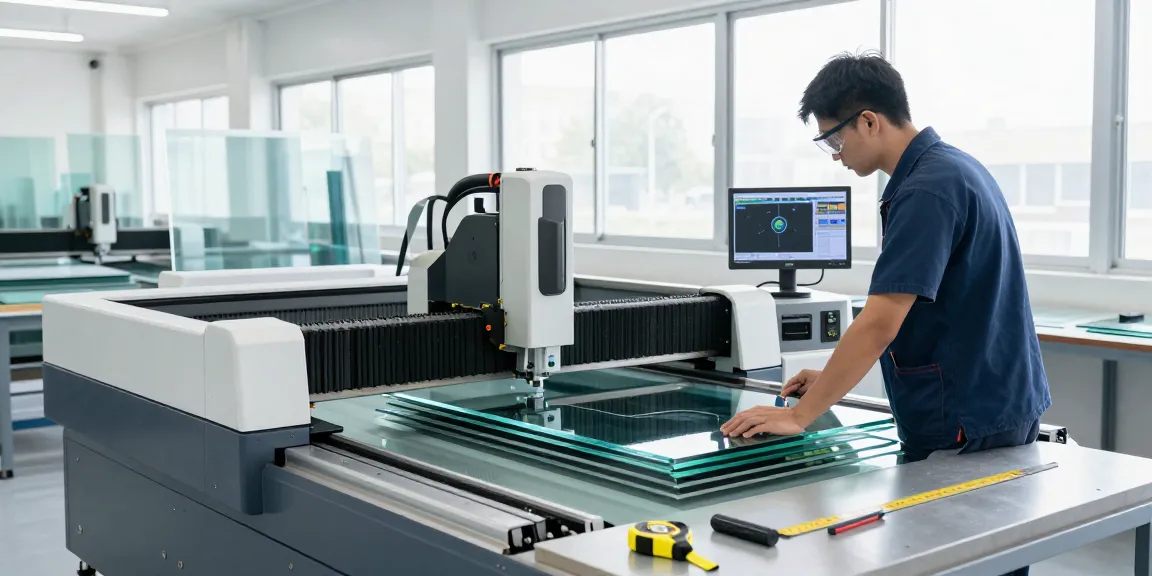 Technician using a glass cutting machine in a modern processing facility.