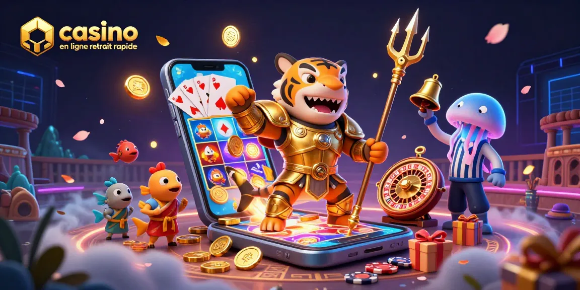 Découvrez une scène animée avec des personnages captivants dans un casino en ligne retrait rapide exceptionnel, incluant un requin tigre et un smartphone affichant des jeux de casino.
