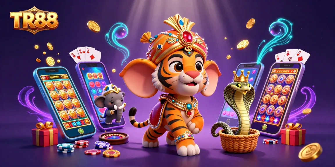Experience TR88 with vibrant slot games, a jewel elephant, and festive casino elements in a dynamic scene.