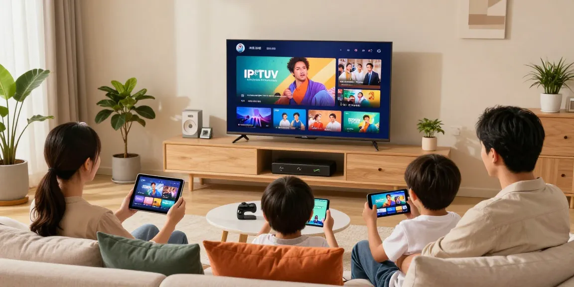 Famille profitant d'iptv belgique sur divers appareils dans un salon moderne