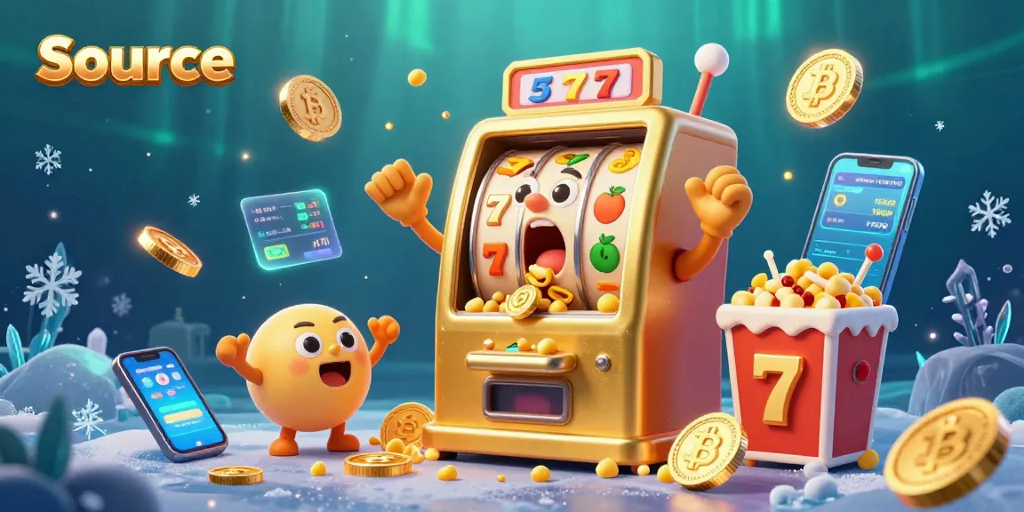Source your luck with a golden slot machine hitting the jackpot as coins pour out, surrounded by crypto coins.