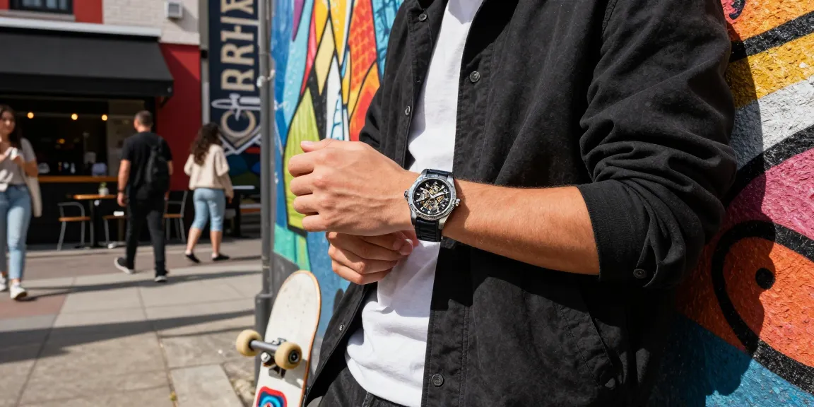 Stylish person adjusting their clone watches in urban fashion scene.